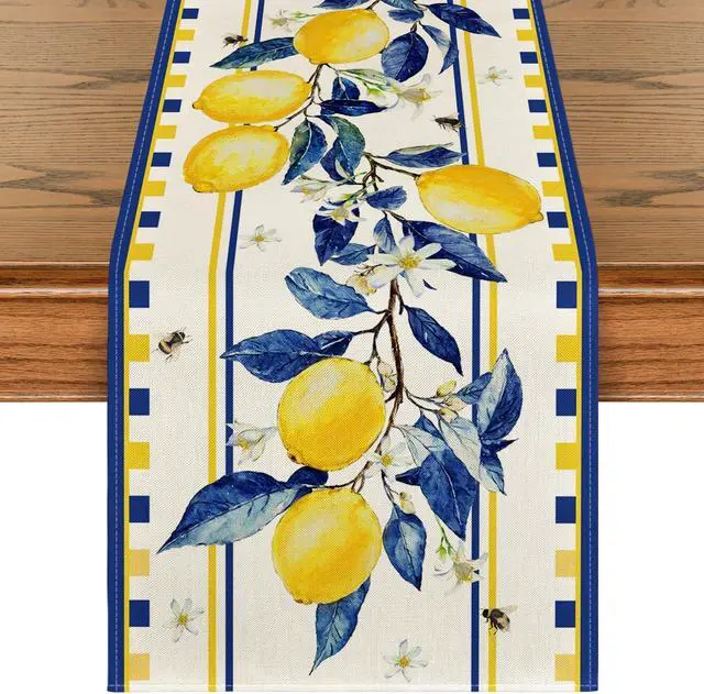 Main image of Artoid Mode Lemon Tree Flower Bee Summer Table Runner, Seasonal Holiday Kitchen Dining Table Decoration for Home Party Indoor 13x72 Inch