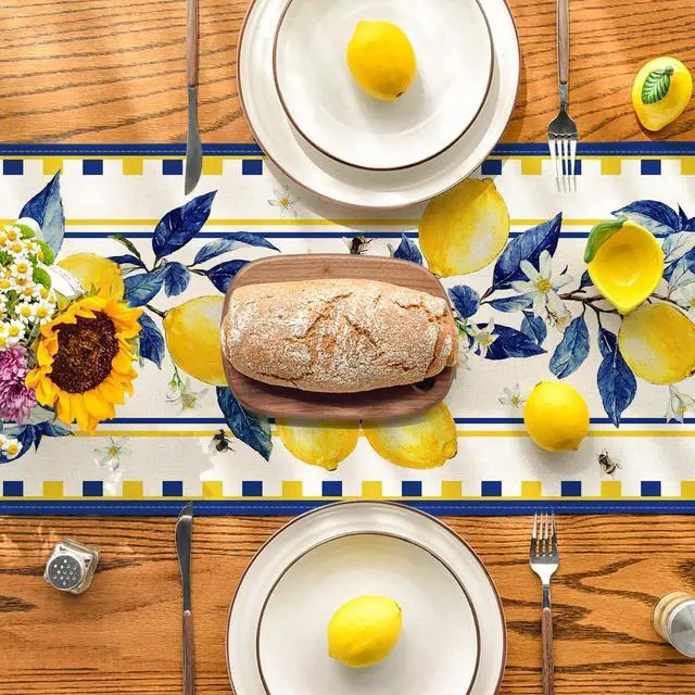 Alt view image 3 of 7 - Artoid Mode Lemon Tree Flower Bee Summer Table Runner, Seasonal Holiday Kitchen Dining Table Decoration for Home Party Indoor 13x72 Inch