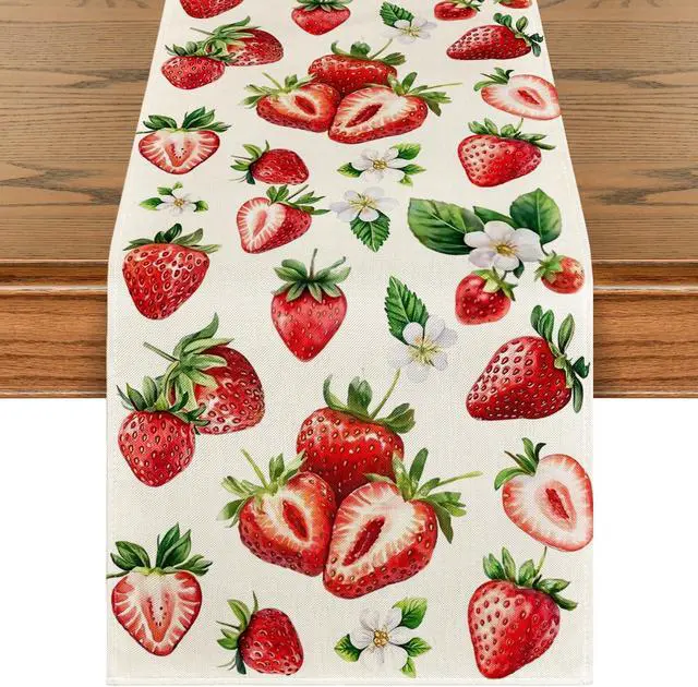 Main image of Artoid Mode Strawberry Wildflowers Fruit Spring Summer Table Runner, Seasonal Kitchen Dining Table Decoration for Home Party Decor 13x72 Inch
