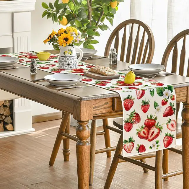 Alt view image 4 of 7 - Artoid Mode Strawberry Wildflowers Fruit Spring Summer Table Runner, Seasonal Kitchen Dining Table Decoration for Home Party Decor 13x72 Inch