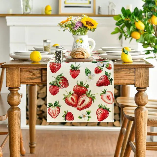 Alt view image 2 of 7 - Artoid Mode Strawberry Wildflowers Fruit Spring Summer Table Runner, Seasonal Kitchen Dining Table Decoration for Home Party Decor 13x72 Inch