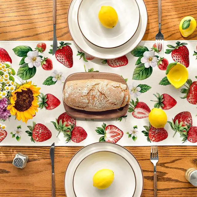 Alt view image 3 of 7 - Artoid Mode Strawberry Wildflowers Fruit Spring Summer Table Runner, Seasonal Kitchen Dining Table Decoration for Home Party Decor 13x72 Inch