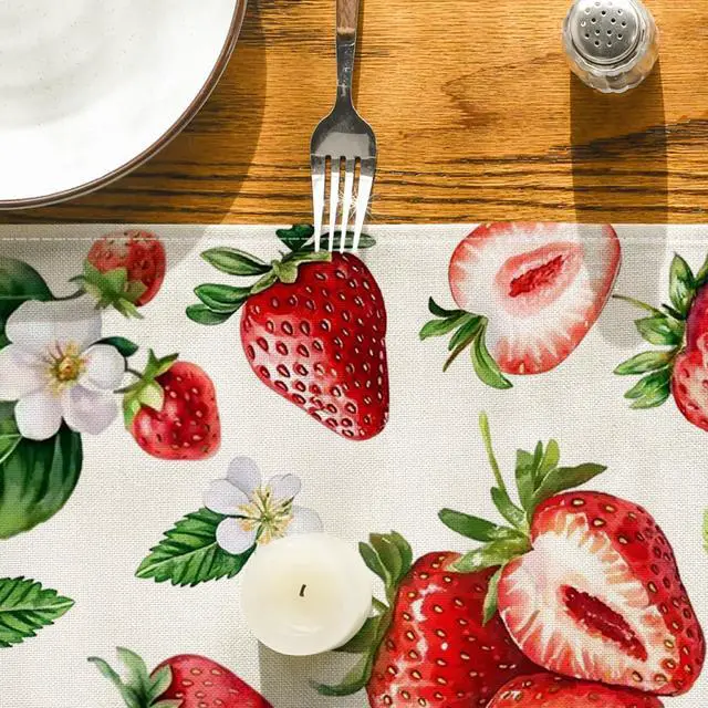 Alt view image 7 of 7 - Artoid Mode Strawberry Wildflowers Fruit Spring Summer Table Runner, Seasonal Kitchen Dining Table Decoration for Home Party Decor 13x72 Inch