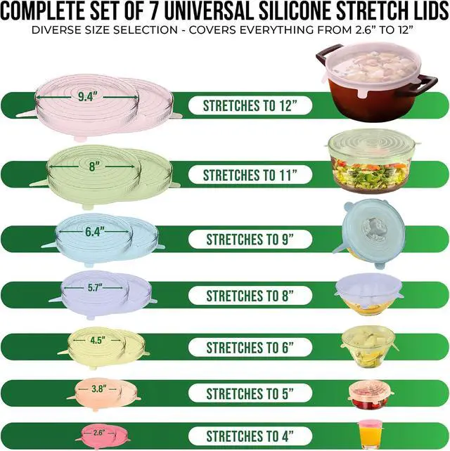 Alt view image 2 of 7 - Reusable Silicone Stretch Lids for Food Storage in Fridge - Elastic Heat-Resistant Bowl Covers, Cups, Cans, Jars - Universal Food Grade Lid for Round and Rectangle Containers - 7 Pack - Colorful