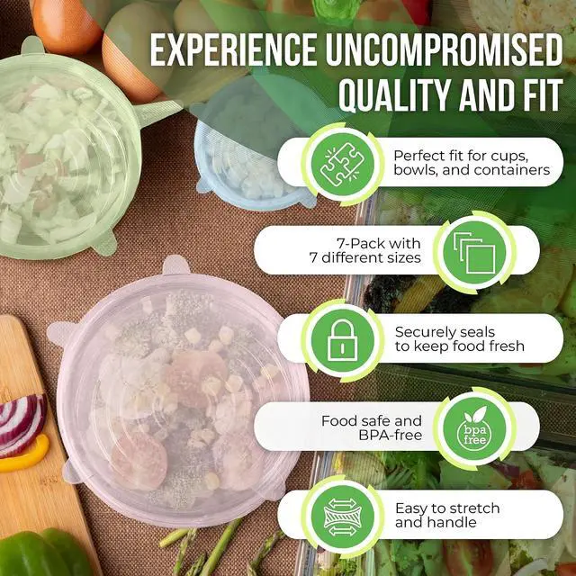 Alt view image 4 of 7 - Reusable Silicone Stretch Lids for Food Storage in Fridge - Elastic Heat-Resistant Bowl Covers, Cups, Cans, Jars - Universal Food Grade Lid for Round and Rectangle Containers - 7 Pack - Colorful