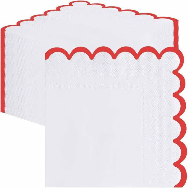 Main image of 50 Pieces 3-ply Red Scalloped Napkins Folded 5 x 5 Inches Disposable Paper Napkin Cocktail Napkins for Dinner Wedding Birthday Party