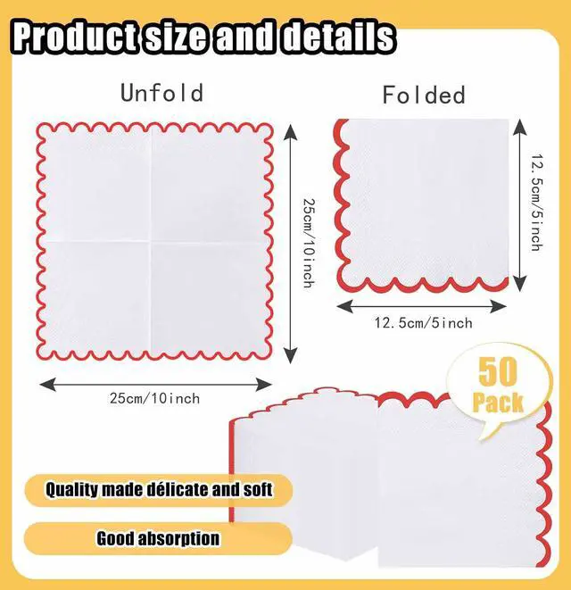 Alt view image 2 of 7 - 50 Pieces 3-ply Red Scalloped Napkins Folded 5 x 5 Inches Disposable Paper Napkin Cocktail Napkins for Dinner Wedding Birthday Party
