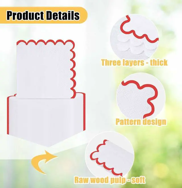 Alt view image 3 of 7 - 50 Pieces 3-ply Red Scalloped Napkins Folded 5 x 5 Inches Disposable Paper Napkin Cocktail Napkins for Dinner Wedding Birthday Party
