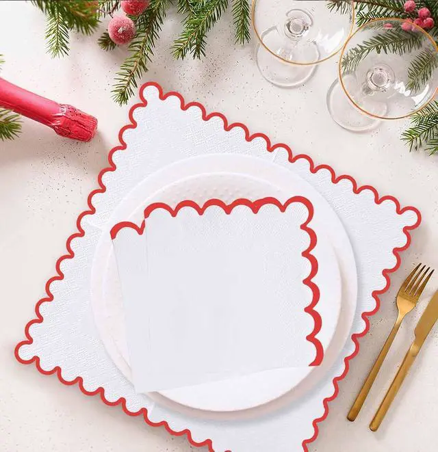 Alt view image 4 of 7 - 50 Pieces 3-ply Red Scalloped Napkins Folded 5 x 5 Inches Disposable Paper Napkin Cocktail Napkins for Dinner Wedding Birthday Party