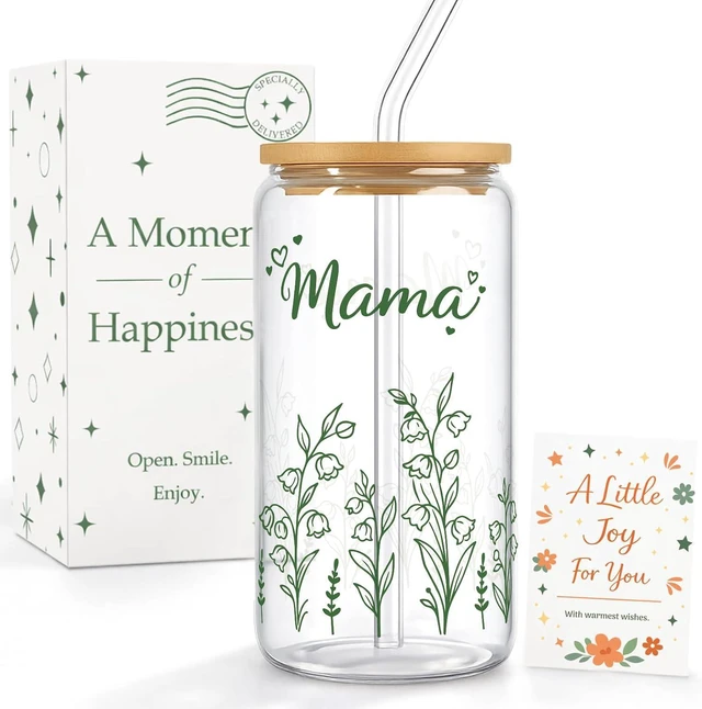 Main image of Mama Gift for Mom - 16oz Floral Iced Coffee Glass Tumbler with Lid Straw