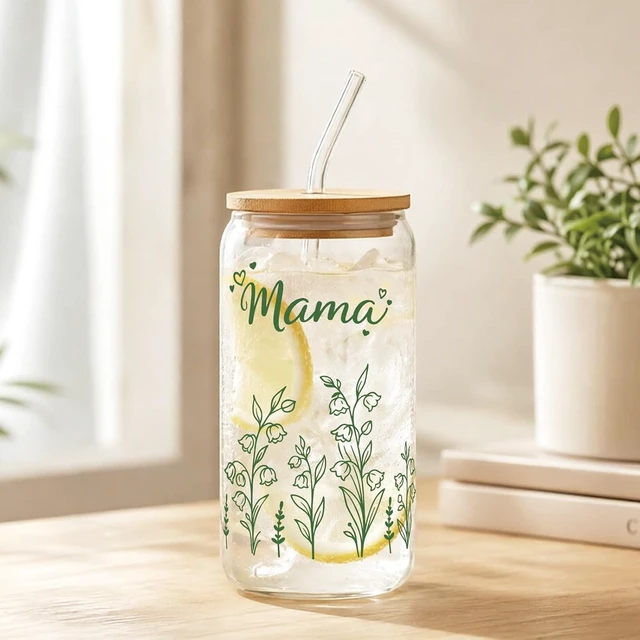 Alt view image 3 of 7 - Mama Gift for Mom - 16oz Floral Iced Coffee Glass Tumbler with Lid Straw