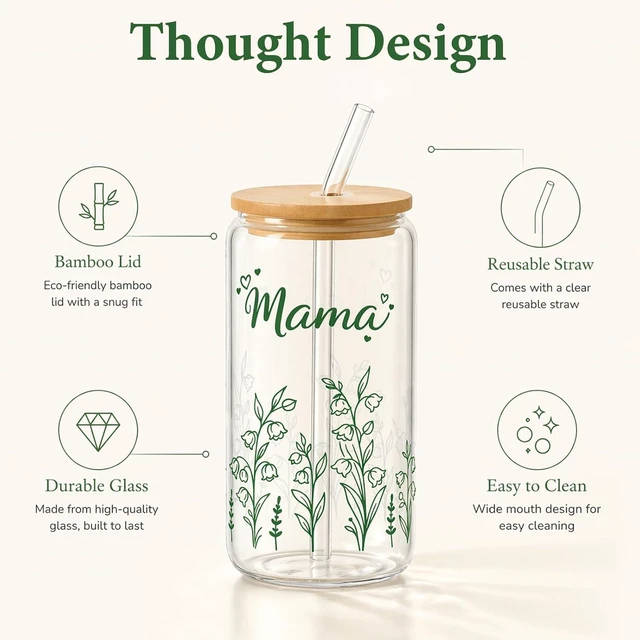 Alt view image 4 of 7 - Mama Gift for Mom - 16oz Floral Iced Coffee Glass Tumbler with Lid Straw