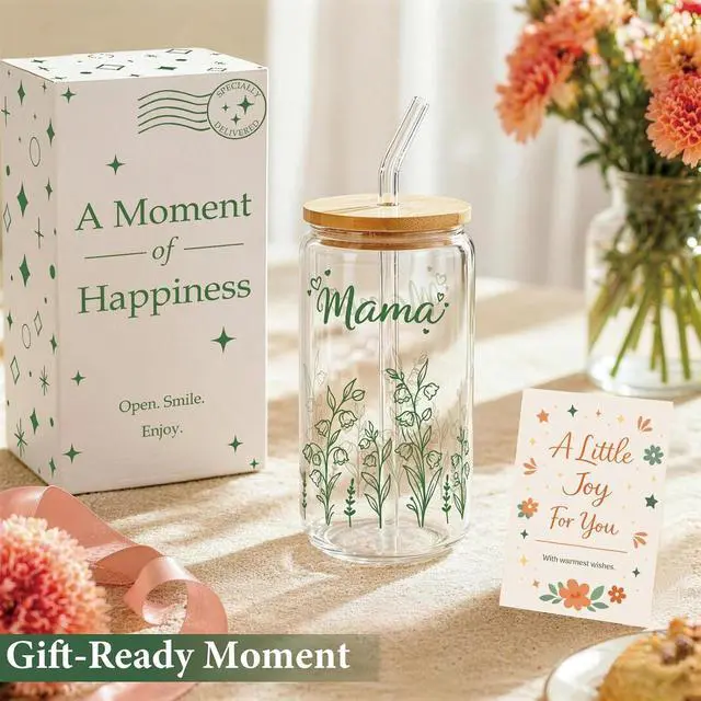 Alt view image 5 of 7 - Mama Gift for Mom - 16oz Floral Iced Coffee Glass Tumbler with Lid Straw