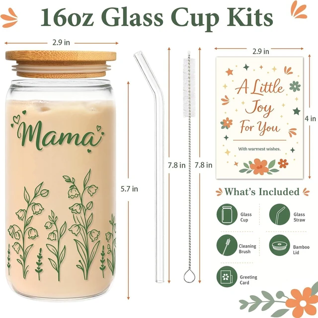 Alt view image 2 of 7 - Mama Gift for Mom - 16oz Floral Iced Coffee Glass Tumbler with Lid Straw