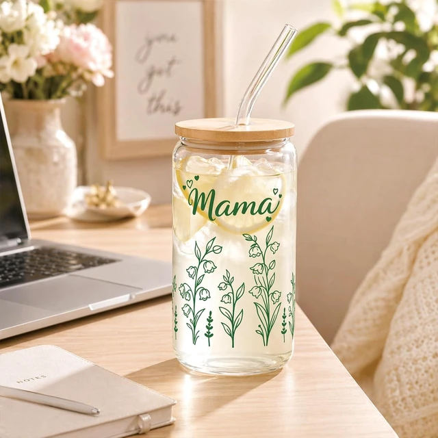 Alt view image 7 of 7 - Mama Gift for Mom - 16oz Floral Iced Coffee Glass Tumbler with Lid Straw