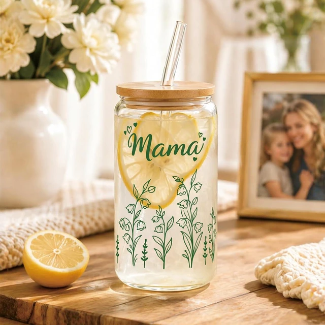 Alt view image 6 of 7 - Mama Gift for Mom - 16oz Floral Iced Coffee Glass Tumbler with Lid Straw
