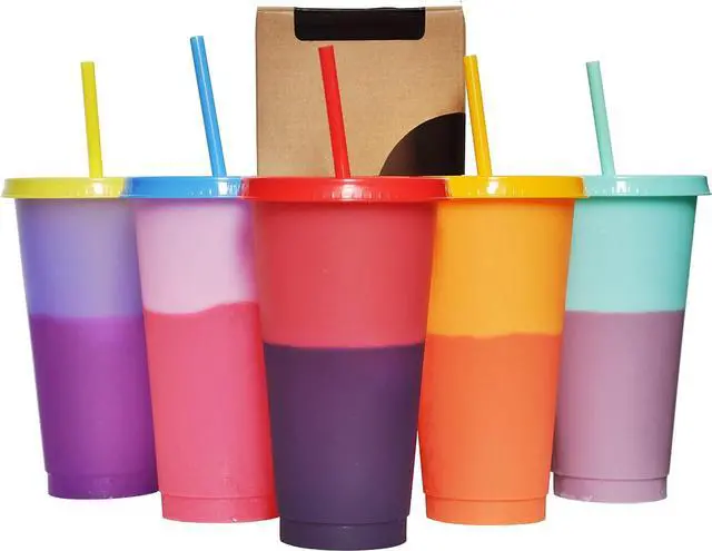 Main image of Color Changing Cups, 5 Pack 24oz Plastic Tumblers, Reusable Iced Coffee & Smoothie Cups with Lids and Straws for Parties and Travel (5 Changing, 5 Packs)