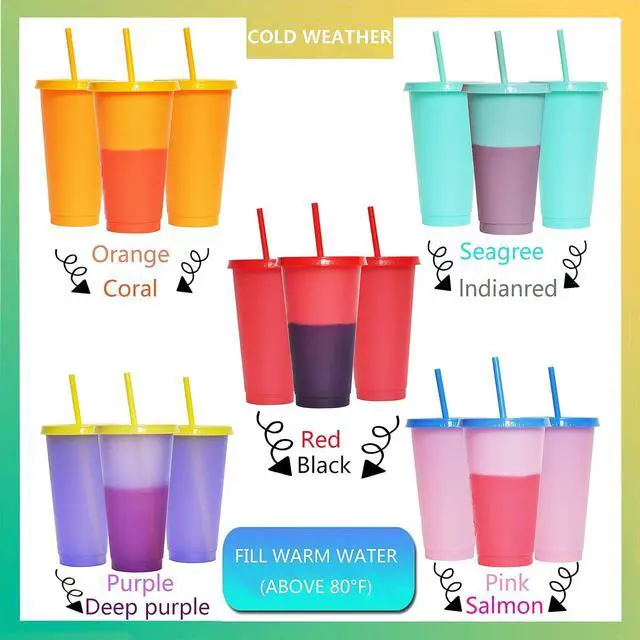 Alt view image 2 of 7 - Color Changing Cups, 5 Pack 24oz Plastic Tumblers, Reusable Iced Coffee & Smoothie Cups with Lids and Straws for Parties and Travel (5 Changing, 5 Packs)