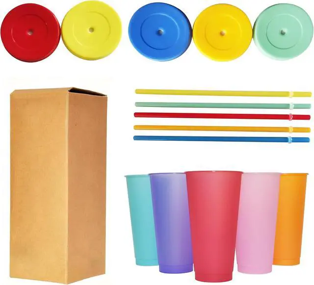 Alt view image 6 of 7 - Color Changing Cups, 5 Pack 24oz Plastic Tumblers, Reusable Iced Coffee & Smoothie Cups with Lids and Straws for Parties and Travel (5 Changing, 5 Packs)