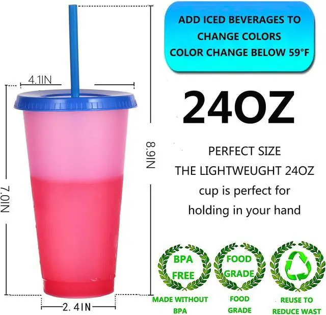 Alt view image 3 of 7 - Color Changing Cups, 5 Pack 24oz Plastic Tumblers, Reusable Iced Coffee & Smoothie Cups with Lids and Straws for Parties and Travel (5 Changing, 5 Packs)
