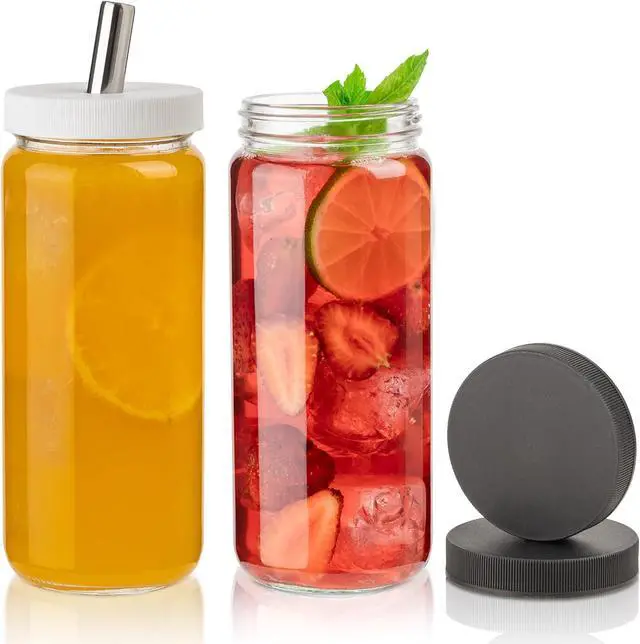Main image of Glass Juice Bottles with Lids and Straws, 16 Oz - Set of 2 Reusable Clear Cups - For Drinking Smoothie, Iced Coffee, Juicing, Matcha, Water, Kombucha and More