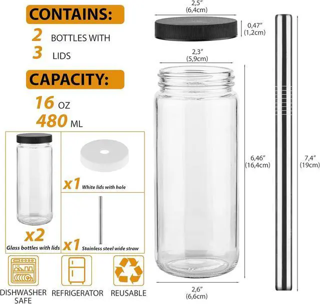 Alt view image 2 of 7 - Glass Juice Bottles with Lids and Straws, 16 Oz - Set of 2 Reusable Clear Cups - For Drinking Smoothie, Iced Coffee, Juicing, Matcha, Water, Kombucha and More
