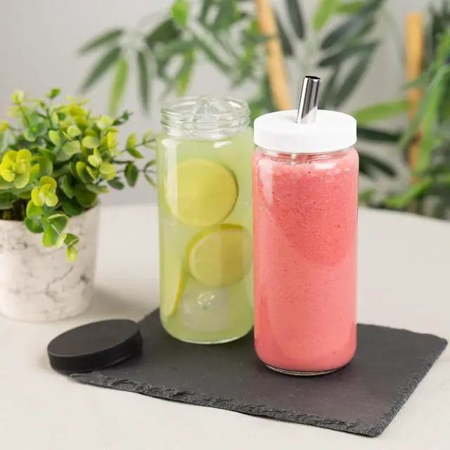 Alt view image 5 of 7 - Glass Juice Bottles with Lids and Straws, 16 Oz - Set of 2 Reusable Clear Cups - For Drinking Smoothie, Iced Coffee, Juicing, Matcha, Water, Kombucha and More