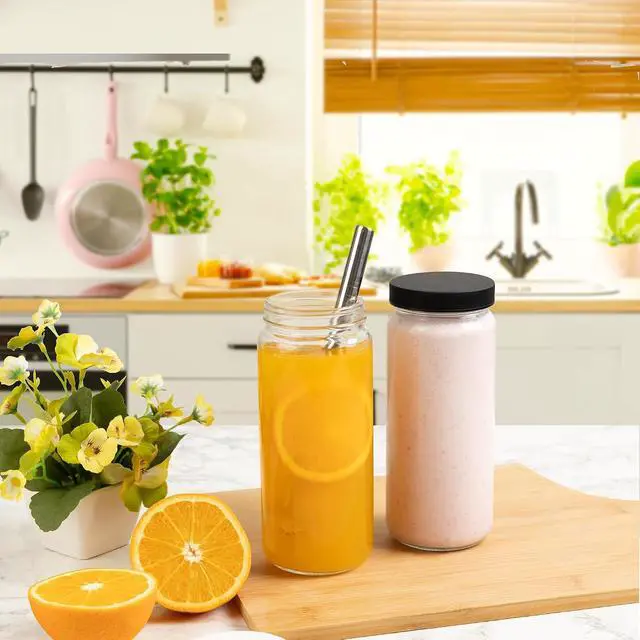 Alt view image 7 of 7 - Glass Juice Bottles with Lids and Straws, 16 Oz - Set of 2 Reusable Clear Cups - For Drinking Smoothie, Iced Coffee, Juicing, Matcha, Water, Kombucha and More