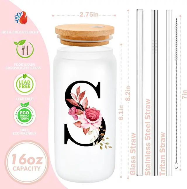 Alt view image 2 of 7 - Personalized Gifts for Women, Monogrammed Frosted Glass Tumbler with Straw and Lid, Cute Customized Mug, Custom Initial Iced Coffee Glasses, Customizable Drinking Cup, Birthday Teacher Woman, A