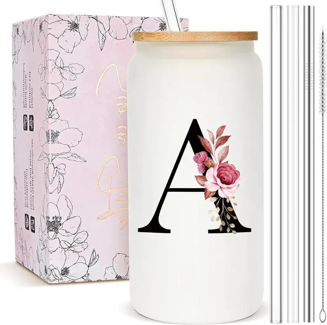 Main image of Personalized Gifts for Women, Monogrammed Frosted Glass Tumbler with Straw and Lid, Cute Customized Mug, Custom Initial Iced Coffee Glasses, Customizable Drinking Cup, Birthday Teacher Woman, A