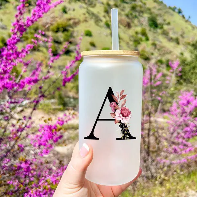 Alt view image 4 of 7 - Personalized Gifts for Women, Monogrammed Frosted Glass Tumbler with Straw and Lid, Cute Customized Mug, Custom Initial Iced Coffee Glasses, Customizable Drinking Cup, Birthday Teacher Woman, A
