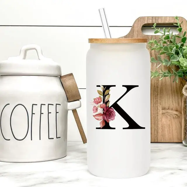 Alt view image 5 of 7 - Personalized Gifts for Women, Monogrammed Frosted Glass Tumbler with Straw and Lid, Cute Customized Mug, Custom Initial Iced Coffee Glasses, Customizable Drinking Cup, Birthday Teacher Woman, A