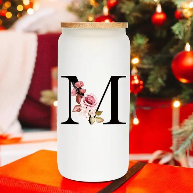 Alt view image 6 of 7 - Personalized Gifts for Women, Monogrammed Frosted Glass Tumbler with Straw and Lid, Cute Customized Mug, Custom Initial Iced Coffee Glasses, Customizable Drinking Cup, Birthday Teacher Woman, A