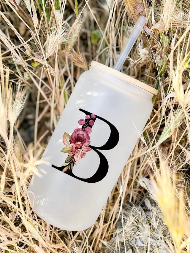 Alt view image 7 of 7 - Personalized Gifts for Women, Monogrammed Frosted Glass Tumbler with Straw and Lid, Cute Customized Mug, Custom Initial Iced Coffee Glasses, Customizable Drinking Cup, Birthday Teacher Woman, A