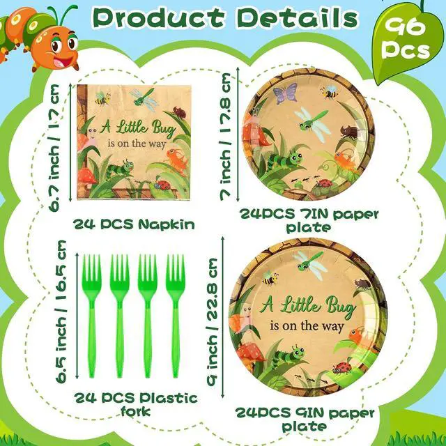 Alt view image 2 of 6 - K1tpde Spring Insect Party Tableware - 96PCS A Little Bug Is On the Way Paper Plates and Napkin Party Supplies, Bug Theme Disposable Dinnerware with Green Plastic Forks for Baby Shower Decor, Serve 24