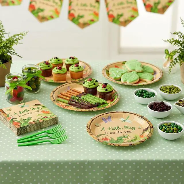 Alt view image 3 of 6 - K1tpde Spring Insect Party Tableware - 96PCS A Little Bug Is On the Way Paper Plates and Napkin Party Supplies, Bug Theme Disposable Dinnerware with Green Plastic Forks for Baby Shower Decor, Serve 24