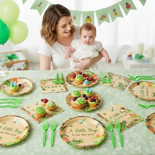Alt view image 4 of 6 - K1tpde Spring Insect Party Tableware - 96PCS A Little Bug Is On the Way Paper Plates and Napkin Party Supplies, Bug Theme Disposable Dinnerware with Green Plastic Forks for Baby Shower Decor, Serve 24