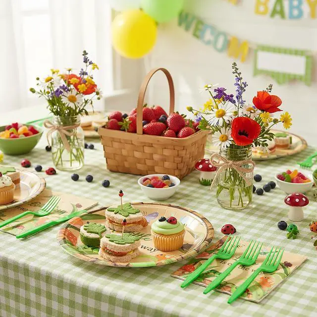 Alt view image 5 of 6 - K1tpde Spring Insect Party Tableware - 96PCS A Little Bug Is On the Way Paper Plates and Napkin Party Supplies, Bug Theme Disposable Dinnerware with Green Plastic Forks for Baby Shower Decor, Serve 24