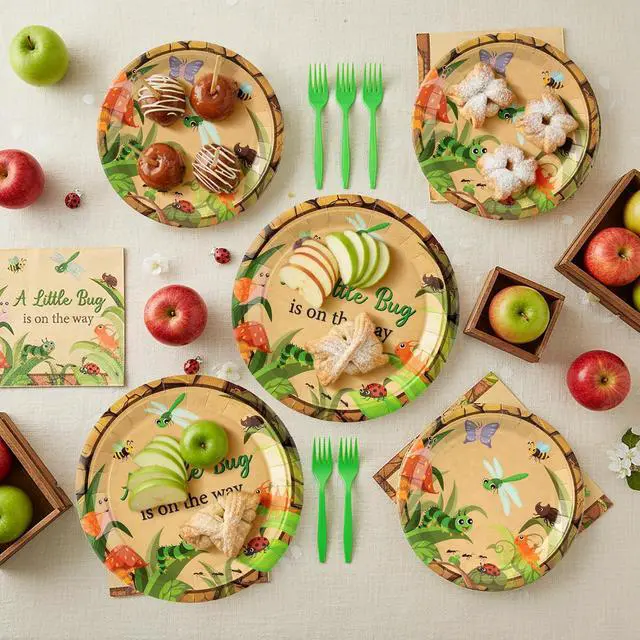 Alt view image 6 of 6 - K1tpde Spring Insect Party Tableware - 96PCS A Little Bug Is On the Way Paper Plates and Napkin Party Supplies, Bug Theme Disposable Dinnerware with Green Plastic Forks for Baby Shower Decor, Serve 24