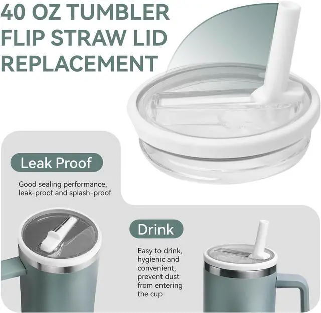Alt view image 3 of 7 - 2 Pack Replacement Lids Compatible with Stanley Cup 40 oz, Spill Proof Detachable Tumbler Lids for Stanley Quencher H2.0, White + Black