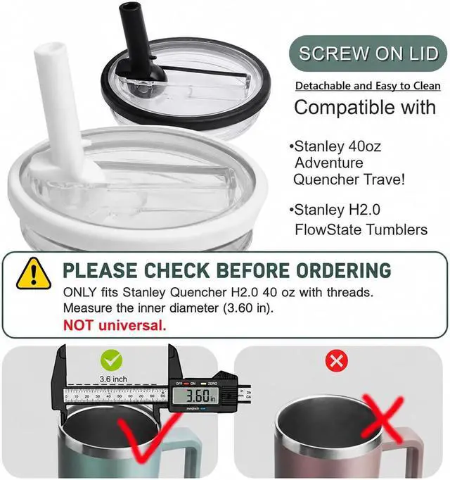 Alt view image 5 of 7 - 2 Pack Replacement Lids Compatible with Stanley Cup 40 oz, Spill Proof Detachable Tumbler Lids for Stanley Quencher H2.0, White + Black