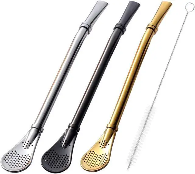 Main image of Bombilla Yerba Mate Straws, 3 Pack Reusable Colorful Tea Coffee Cocktail Stainless Steel Bent Smooth Flow Drinking Stir Filter Spoon Straws with Cleaning Brush by Beruth