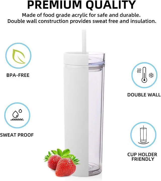Alt view image 3 of 7 - Volhoply 20oz Plastic Skinny Tumbler,Double Wall Tumblers with Lid and Straw,Reusable Travel Iced Coffee Mug,BPA Free Matte Acrylic Water Cups With Straw for Parties,DIY Gifts(White,1 Set