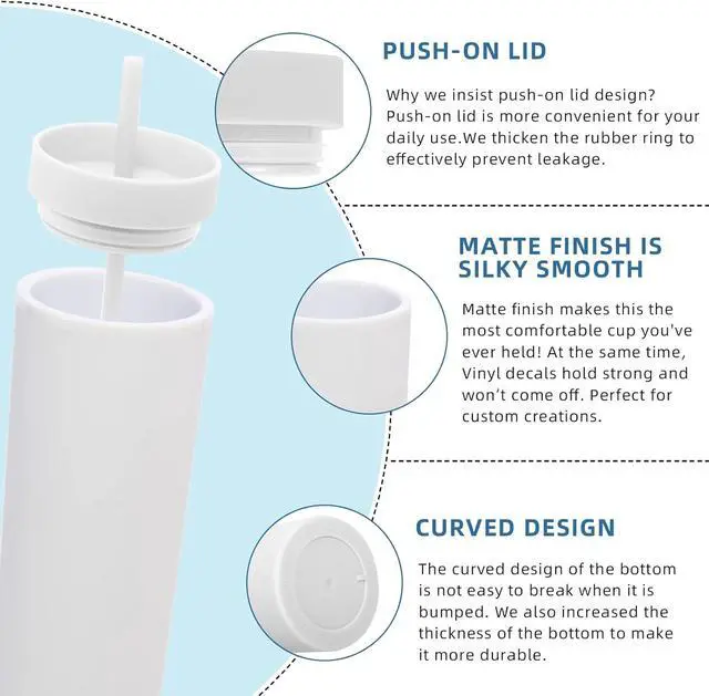 Alt view image 4 of 7 - Volhoply 20oz Plastic Skinny Tumbler,Double Wall Tumblers with Lid and Straw,Reusable Travel Iced Coffee Mug,BPA Free Matte Acrylic Water Cups With Straw for Parties,DIY Gifts(White,1 Set