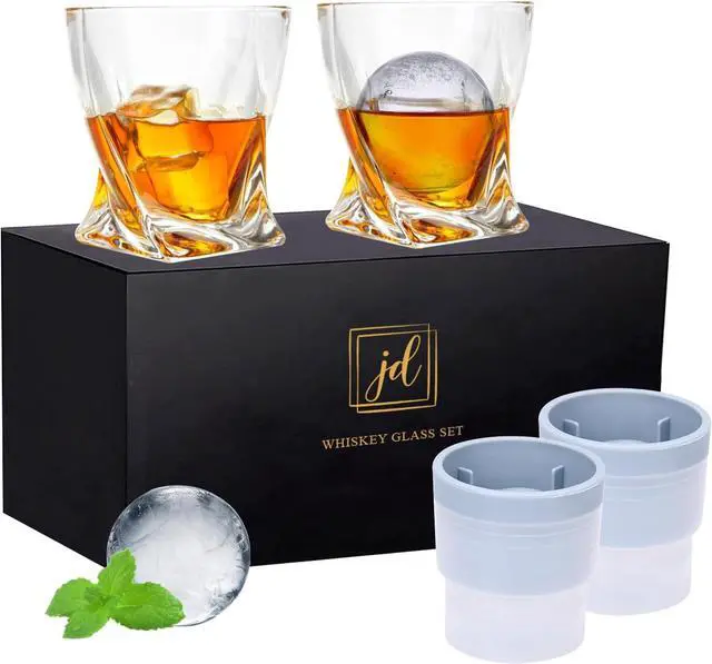Main image of Whiskey Rocks Glass Set In Gift Box - Includes 2 Crystal Bourbon Glasses and 2 Big Ice Ball Molds - 11 Oz Old Fashioned Glasses for Scotch, Cocktails, Rum, Cognac, Vodka - Unique Gift for Men