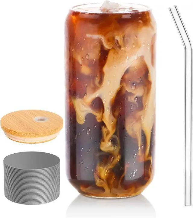 Main image of Drinking Glasses with Lid, Straw, 16oz Glass Cup Iced Coffee Tumblers, 1 Pc