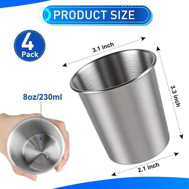 Alt view image 2 of 7 - Ninsula Stainless Steel Cups 4 Pack, 8 Ounce Unbreakable Stackable Metal Cups, Durable Reusable Kids Stainless Steel Cup for Bar, Home, Restaurant