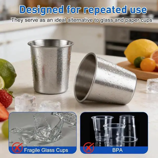 Alt view image 5 of 7 - Ninsula Stainless Steel Cups 4 Pack, 8 Ounce Unbreakable Stackable Metal Cups, Durable Reusable Kids Stainless Steel Cup for Bar, Home, Restaurant