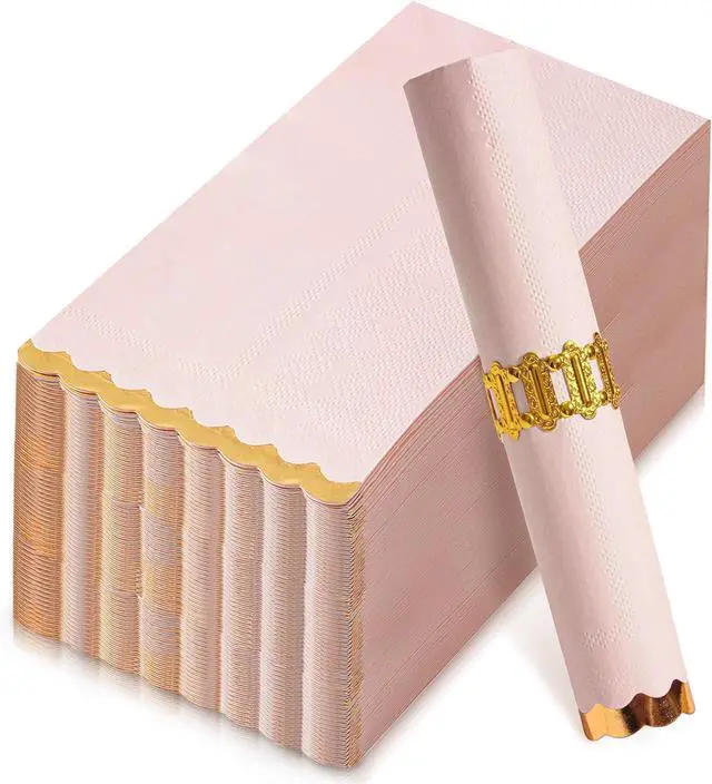 Main image of Pink Gold Foil Scalloped Edge Dinner Napkins 50 Pack - Elegant Disposable Guest Napkins for Wedding, Bridal Shower, Baby Shower, Birthday & Valentine's Day (4 x 8 Inches)