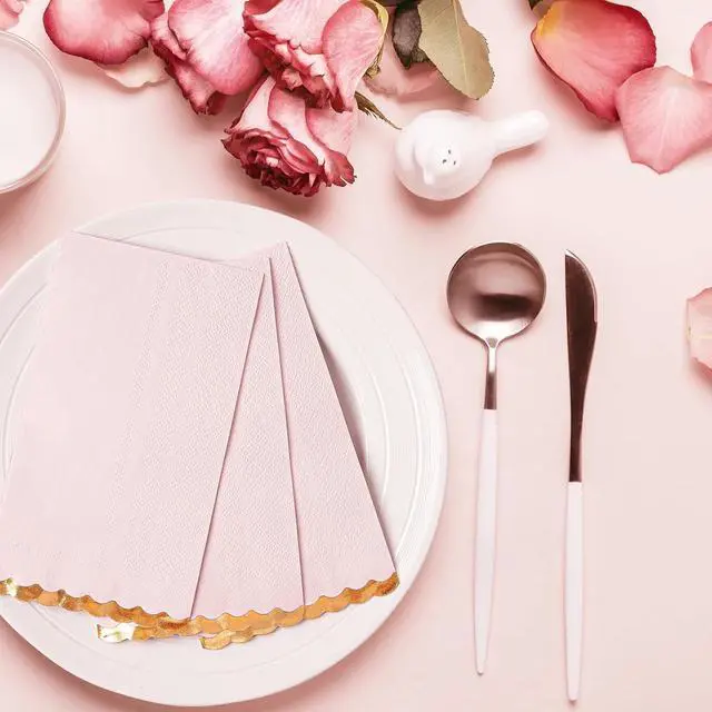 Alt view image 2 of 7 - Pink Gold Foil Scalloped Edge Dinner Napkins 50 Pack - Elegant Disposable Guest Napkins for Wedding, Bridal Shower, Baby Shower, Birthday & Valentine's Day (4 x 8 Inches)